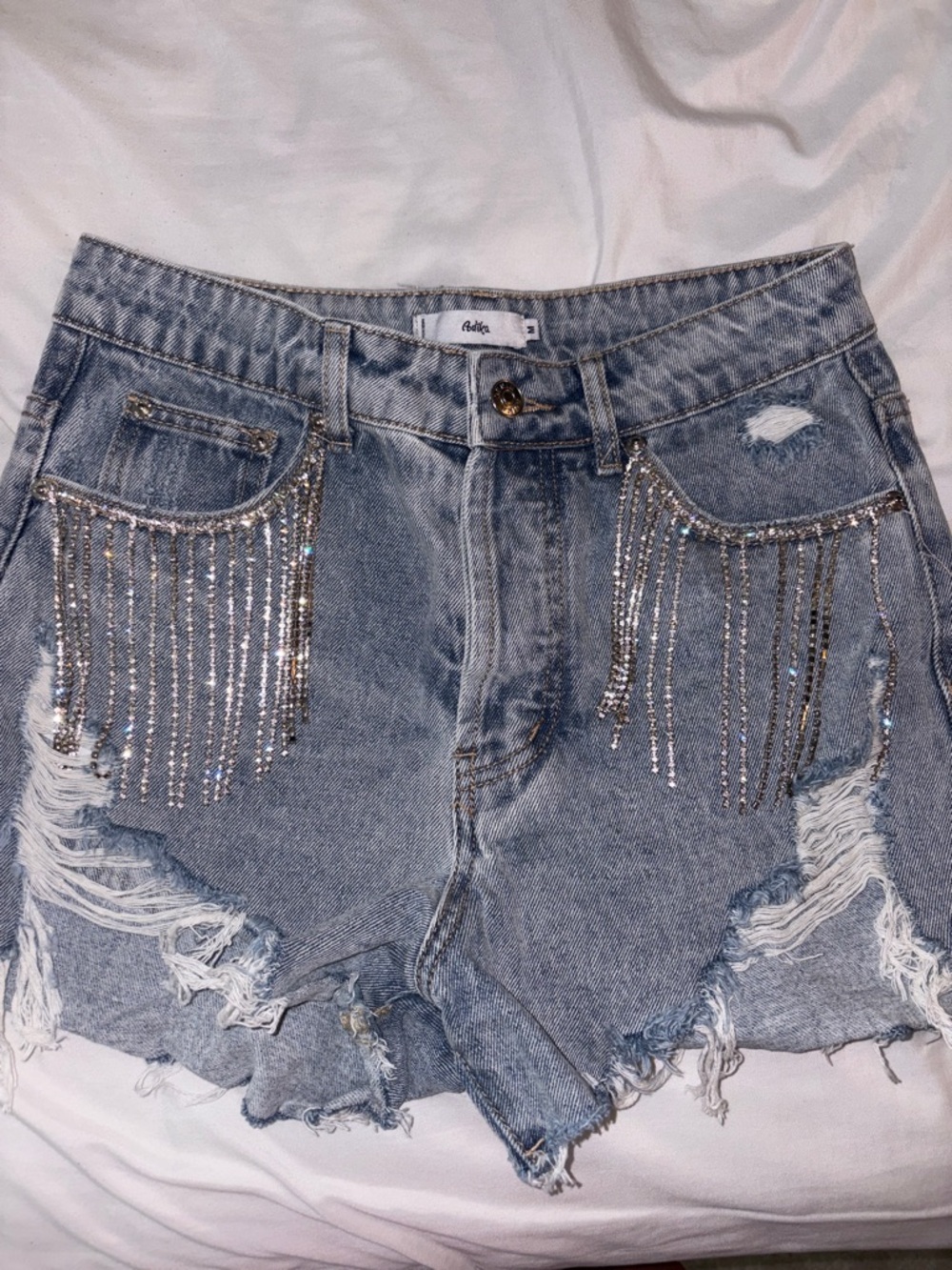 Light Blue Distressed Denim Shorts with Rhinestone Fringe